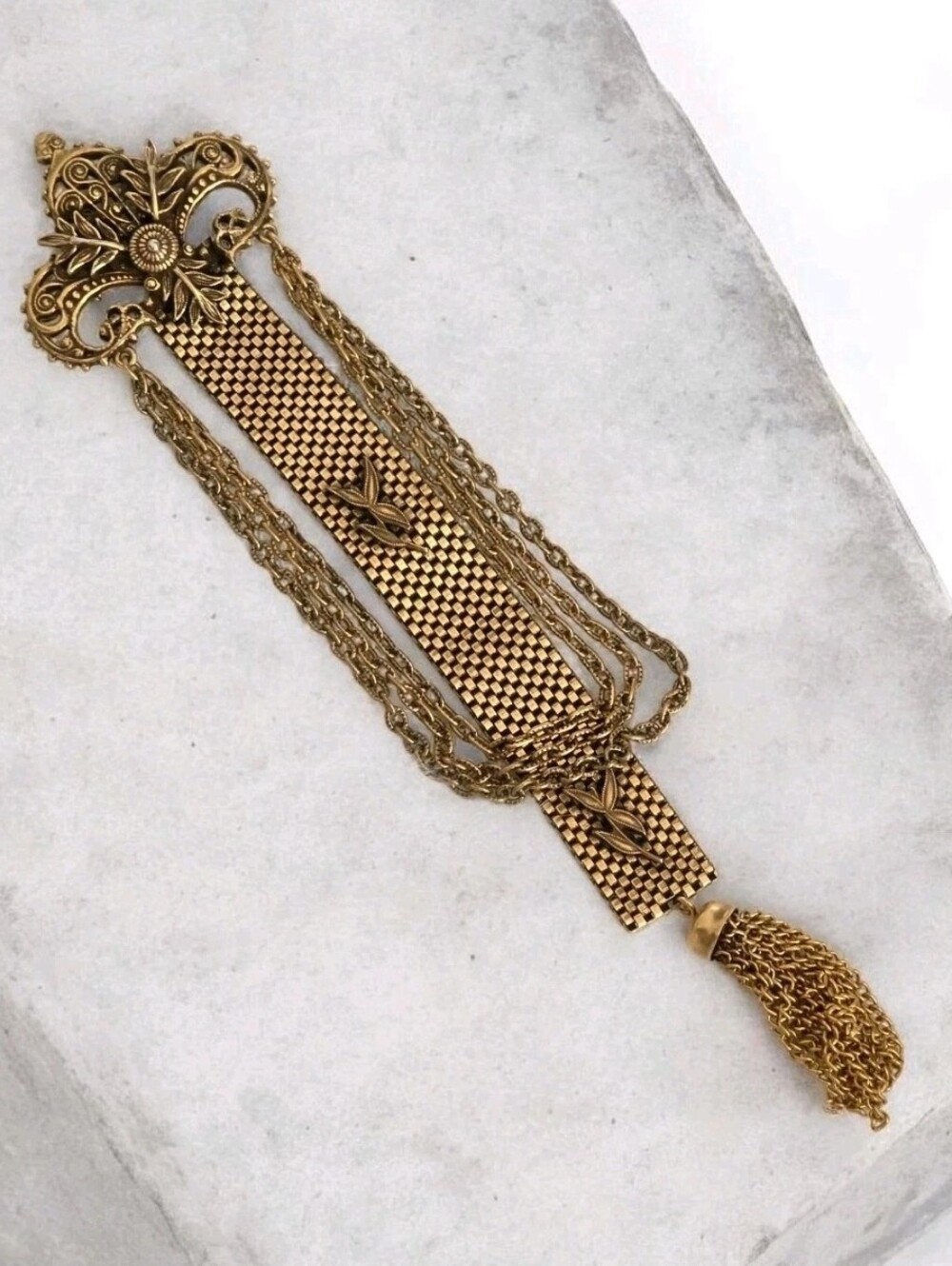Vintage Victorian Revival Mesh Ribbon Long Dangle Sash Brooch Chain Tassel